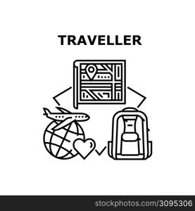 Traveler Trip Vector Icon Concept. Worldwide Traveler Trip And Walking In City For Discovery Landscape. Rucksack Accessory For Traveling On Vacation. Adventure Journey Black Illustration. Traveler Trip Vector Concept Black Illustration