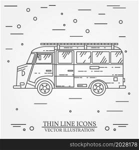 Traveler truck camper thin line. Camping RV trailer family caravan outline icon. RV travel camper grey and white vector pictogram isolated on white. Summer camper family travel concept. Vector illustration.