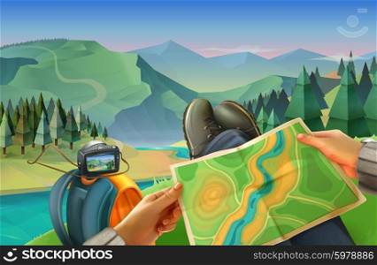 Traveler with a map with a background of nature, landscape view, vector illustration