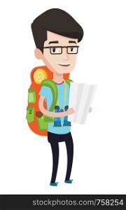Traveler with backpack and binoculars looking at map. Cheerful traveler exploring the map. Traveler searching right direction on a map. Vector flat design illustration isolated on white background.. Traveler with backpack looking at map.