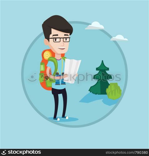 Traveler with backpack and binoculars looking at map. Traveler exploring the map. Traveler searching right direction on a map. Vector flat design illustration in the circle isolated on background.. Traveler with backpack looking at map.