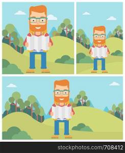 Traveler with backpack looking at map. Hipster man travelling in mountains. Traveler searching right direction on map. Vector flat design illustration. Square, horizontal, vertical layouts.. Traveler with backpack looking at map.