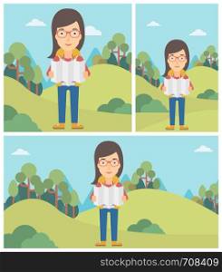 Traveler with backpack looking at map. Young woman travelling in mountains. Traveler searching right direction on map. Vector flat design illustration. Square, horizontal, vertical layouts.. Traveler with backpack looking at map.