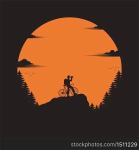 Traveler with bicycle standing looking on the valley. The man watches nature. Travel concept, silhouette vector, sunset background, exploring, Hiking in the forest. Adventure tourism. illustration