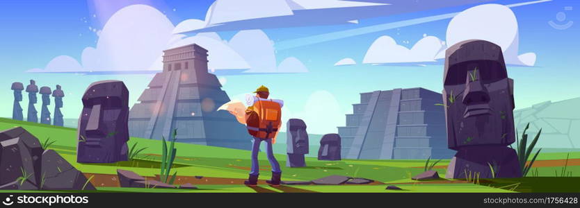 Traveler with map at ancient mayan pyramids and moai statues on Easter island. Tourist visit south american landmarks Chichen Itza, Kukulkan temples and stone sculptures, Cartoon vector illustration. Traveler at ancient mayan pyramids or moai statues