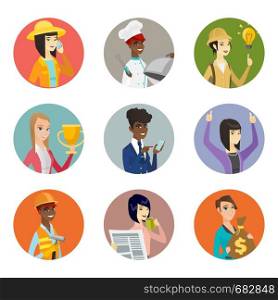 Traveler woman pointing at idea light bulb. Traveler woman having a creative idea. Set of different professions. Set of vector flat design illustrations in the circle isolated on white background.. Vector set of characters of different professions.