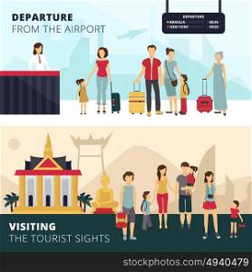 Travelers 2 Flat Horizontal Banners Set. Travelers departure from airport and visiting places of interest 2 horizontal banners for tourists abstract vector illustration