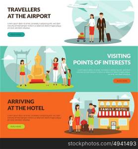 Travelers 3 Flat Horizontal Banners Set . Travelers at airport in hotel and sightseeing excursion horizontal banners set for tourists webpage design vector illustration