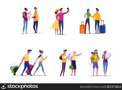 Travelers and passengers set. Tourists taking selfie, walking, carrying luggage, consulting map. People concept. Vector illustration for topics like activity, leisure, tourism