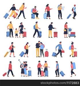 Travelers at airport. Business tourists, people waiting at airports terminal with luggage, characters walking and hasting to boarding. Airplane flight passengers isolated vector illustration icons set. Travelers at airport. Business tourists, people waiting at airports terminal with luggage, characters walking and hasting to boarding vector illustration set