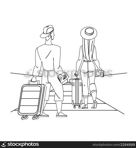 Travelers Drag Luggage On Airport Escalator Black Line Pencil Drawing Vector. Young Man And Woman Walking And Dragging Baggage On Airport Escalator Together. Characters Tourism And Vacation. Travelers Drag Luggage On Airport Escalator Vector