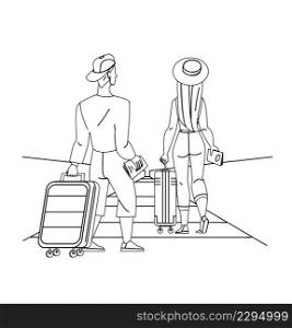Travelers Drag Luggage On Airport Escalator Black Line Pencil Drawing Vector. Young Man And Woman Walking And Dragging Baggage On Airport Escalator Together. Characters Tourism And Vacation. Travelers Drag Luggage On Airport Escalator Vector