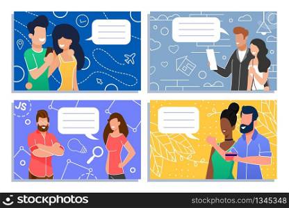 Travelers Family, Business Developers Team, Shoppers and Tenants Characters Social Community. Caucasian and Afro American People, Men and Women Talking. Dialogue Space. Vector Flat Notebook Cover. Men and Women Social Community Talking Flat Set