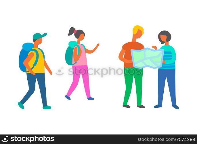 Travelers group walking with map vector, people with bags on vacation, backpackers on adventures. Man and woman with atlas, couple family with children. Travelers Group Walking with Map, Backpackers