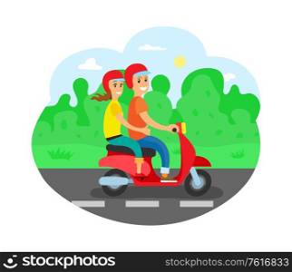 Travelers in helmets driving motorbike on highway vector. Couple on moped, love dating, journey or trip, vehicle and road, activity date, bushes and trees on roadside, eco transport. Couple on Motorbike, Travelers in Helmets, Highway