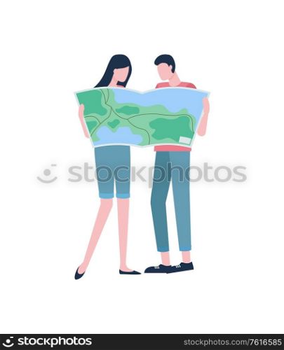 Travelers or hikers, couple with map, vacation or holidays vector. Man and woman exploring land or territory, geography and cartography, journey or trip. Couple with Map, Travelers or Hikers, Vacation