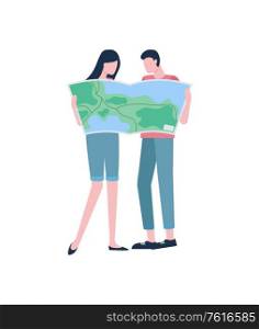 Travelers or hikers, couple with map, vacation or holidays vector. Man and woman exploring land or territory, geography and cartography, journey or trip. Couple with Map, Travelers or Hikers, Vacation