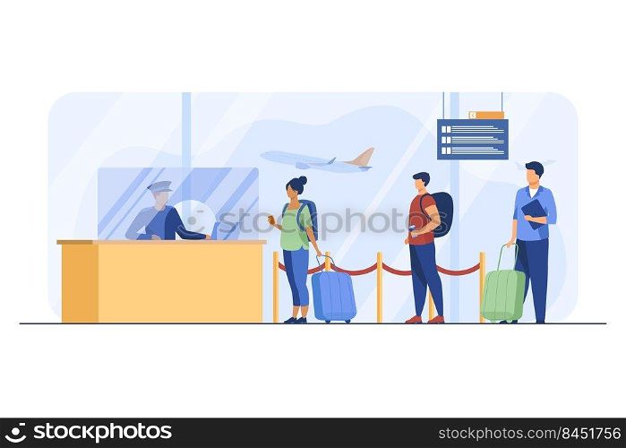 Travelers standing in queue for flight registration. Baggage, line, ticket flat vector illustration. Airlines and traveling concept for banner, website design or landing web page