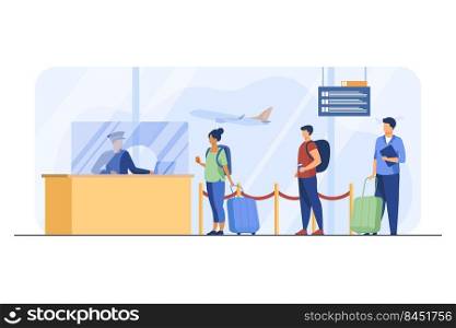 Travelers standing in queue for flight registration. Baggage, line, ticket flat vector illustration. Airlines and traveling concept for banner, website design or landing web page