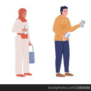 Travelers with airline tickets semi flat color vector characters set. Standing figures. Full body people on white. Simple cartoon style illustration collection for web graphic design and animation. Travelers with airline tickets semi flat color vector characters set
