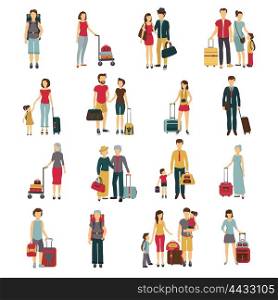 Travelers With Luggage Flat Icons Collection . Tourists with laggage travelling with partners family friends and alone flat icons collection abstract isolated vector illustation