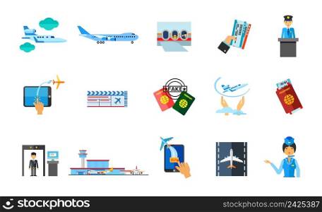 Traveling abroad icon set. Jet Plane Window Airplane Tickets Customs Official Buying Tickets Online Passport Flight Insurance Security Check Airport Terminal Airplane on Runway Stewardess