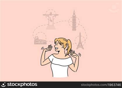 Traveling and dreaming of vacations concept. Young smiling blonde woman cartoon character standing dreaming of trip to Rome Rio London and Paris vector illustration . Traveling and dreaming of vacations concept