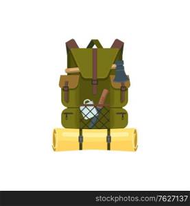 Traveling backpack with camp gear isolated. Vector khaki rucksack with sleeping mat, axe and metal mug. Tourist equipment in travel bag with pockets on zippers, outdoor adventures, hiking and camping. Rucksack or backpack with hiking camping tools