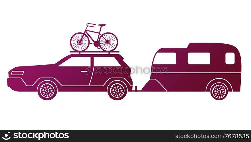 Traveling by car, caravaning tourism. Automobile with bike on the roof and travel trailer isolated on white background. Car tourism concept. Road trip around the world. Time to travel illustration. Traveling by car, caravaning tourism. Automobile with bike and travel trailer isolated on white