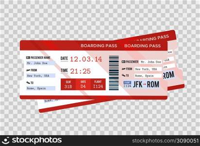 Traveling by plane. Airline boarding pass ticket tear-off element set, isolated on transparent background. Vector illustration. . Traveling by plane. Airline boarding pass ticket tear-off element set, isolated on transparent background.