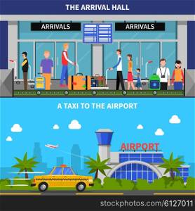 Traveling By Plane Banners Set. Traveling by plane horizontal banners set with taxi and arrival hall symbols flat isolated vector illustration