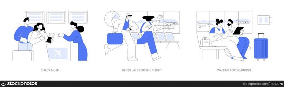 Traveling by plane isolated cartoon vector illustrations set. Smiling couple does luggage check-in, being late, missing a flight, waiting for boarding to a plane, departures hall vector cartoon.. Traveling by plane isolated cartoon vector illustrations se