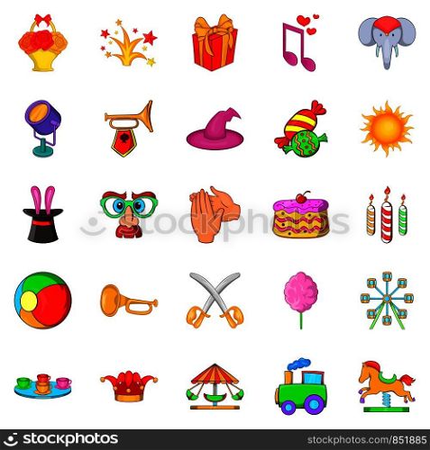 Traveling circus icons set. Cartoon set of 25 traveling circus vector icons for web isolated on white background. Traveling circus icons set, cartoon style