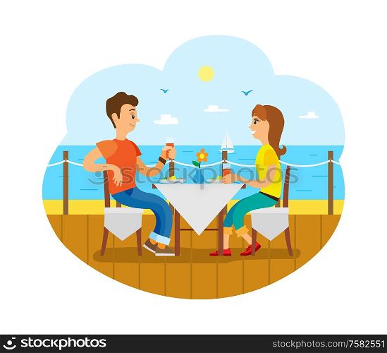 Traveling, couple having breakfast on deck near sea vector. Romantic date at restaurant or cafe on shore or coast, honeymoon, trip or journey, sailboat. Couple Having Breakfast or Lunch on Deck near Sea