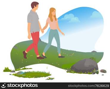 Traveling couple, romantic weekend in mountains vector. Active lifestyle, summer outdoor activity, man and woman, hills and meadow, wild nature, mount. Mountain tourism. Flat cartoon. Romantic Weekend in Mountains, Couple Traveling