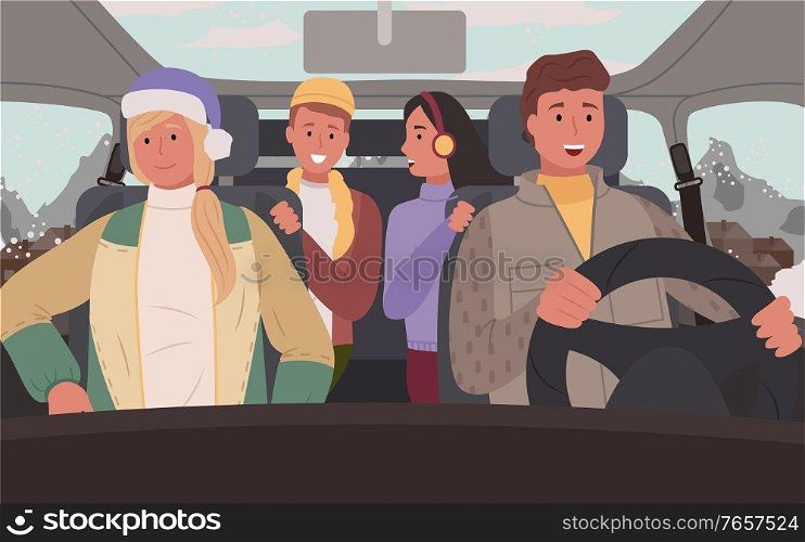 Traveling couples in cars, people on vacation. Man and woman on winter road trip. Group of friends going on resort together. Passengers ready to explore new places and celebrate holidays vector. Friends Traveling in Car, Winter Road Trip Vector
