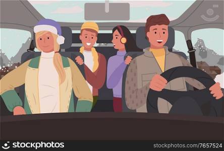 Traveling couples in cars, people on vacation. Man and woman on winter road trip. Group of friends going on resort together. Passengers ready to explore new places and celebrate holidays vector. Friends Traveling in Car, Winter Road Trip Vector