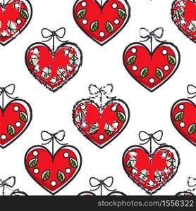 Traveling Croatian Lycitar heart snack or souvenir with flowers seamless pattern vector gingerbread or cookie of honey dough Zagreb symbol endless, texture bakery pr confectionery wallpaper print. Croatian heart souvenir with flowers seamless pattern traveling