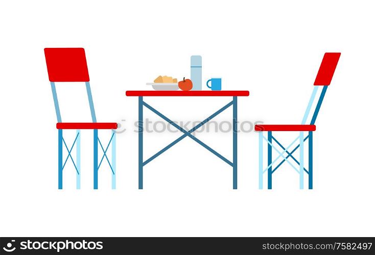 Traveling dishware on red table, couple of chairs, side view of picnic place. Table served by meal in plate, thermos and cup, tourism or trip vector. Picnic Place, Red Chairs and Served Table Vector