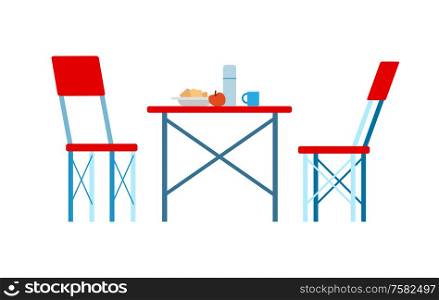 Traveling dishware on red table, couple of chairs, side view of picnic place. Table served by meal in plate, thermos and cup, tourism or trip vector. Picnic Place, Red Chairs and Served Table Vector