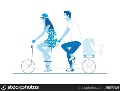 Traveling during a pandemic. Two people wearing masks and protective gloves, riding a tandem. Limited color flat vector illustration.