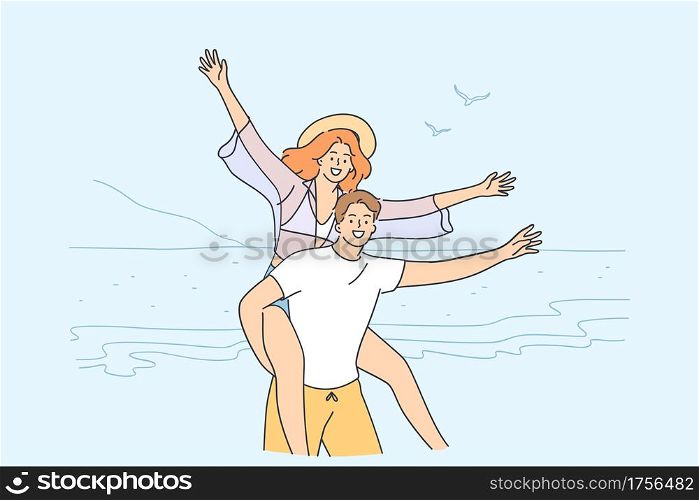 Traveling, enjoying vacations together, couple concept. Happy couple cartoon characters having fun together on seaside on beach during trip vector illustration . Traveling, enjoying vacations together, couple concept