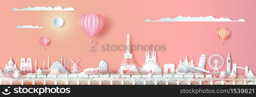 Traveling Europe landmarks of world with train and ballon, Travel around the world with panoramic cityscape, Popular capital,Origami paper cut style for travel postcard valentines,Vector illustration.
