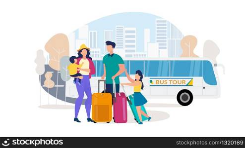 Traveling Family, Bus Tours for Tourist with Kids Trendy Flat Vector Concept. Mother and Father, Parents with Children Carrying Baggage, Going on Vacation Journey on Comfortable Coach Bus Illustration