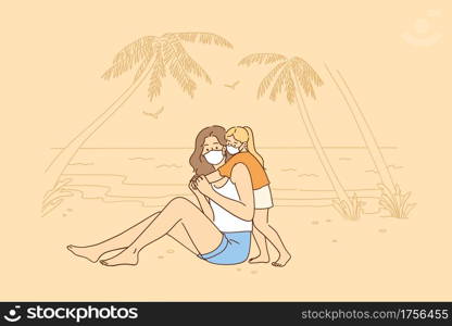 Traveling, family vacation, tourism during coronavirus pandemic. Mother and child in face masks sitting and having fun on seaside beach together at COVID 19 vector illustration . Traveling, family vacation, tourism during coronavirus pandemic
