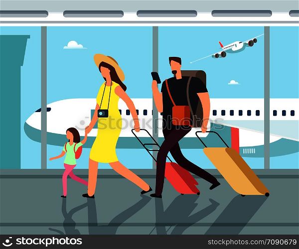 Traveling family with luggage in airpor terminal. People on vacation vector cartoon concept. Family vacation and travel, people in airport with suitcase illustration. Traveling family with luggage in airpor terminal. People on vacation vector cartoon concept