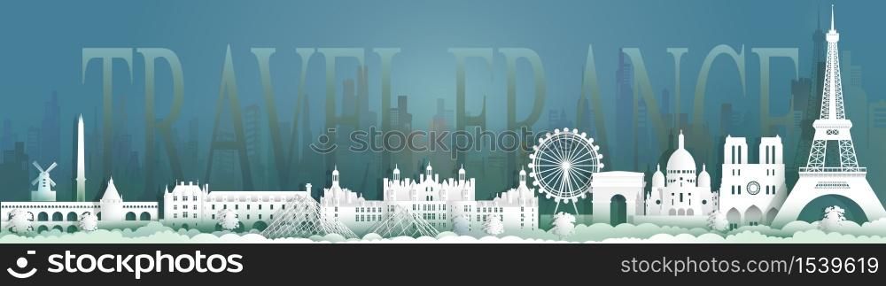 Traveling France landmarks of world with city background, Travel around paris with panoramic cityscape, popular capital, Origami paper cut style for travel poster and postcard. Vector illustration.
