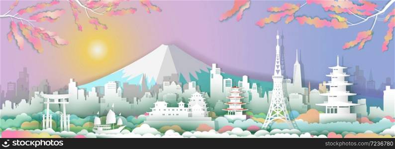Traveling go to japan with sailboat, Landmarks of asean with architecture culture city and tourism, Travel in Asia with paper cut origami style for travel poster and postcard, vector illustration