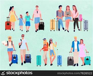 Traveling group family couple, people going on summer vacation. Cartoon characters, tourists and travelers with luggage, suitcases and bags vector. Group of young friends. Family weekend. Flat cartoon. Travelers or Tourists Characters with Luggage Set