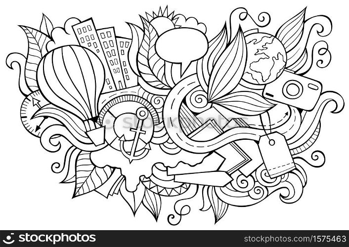 Traveling hand drawn cartoon doodles illustration. Funny travel design. Creative art vector background. Vacation symbols, elements and objects. Sketchy composition. Traveling hand drawn cartoon doodles illustration. Funny travel design